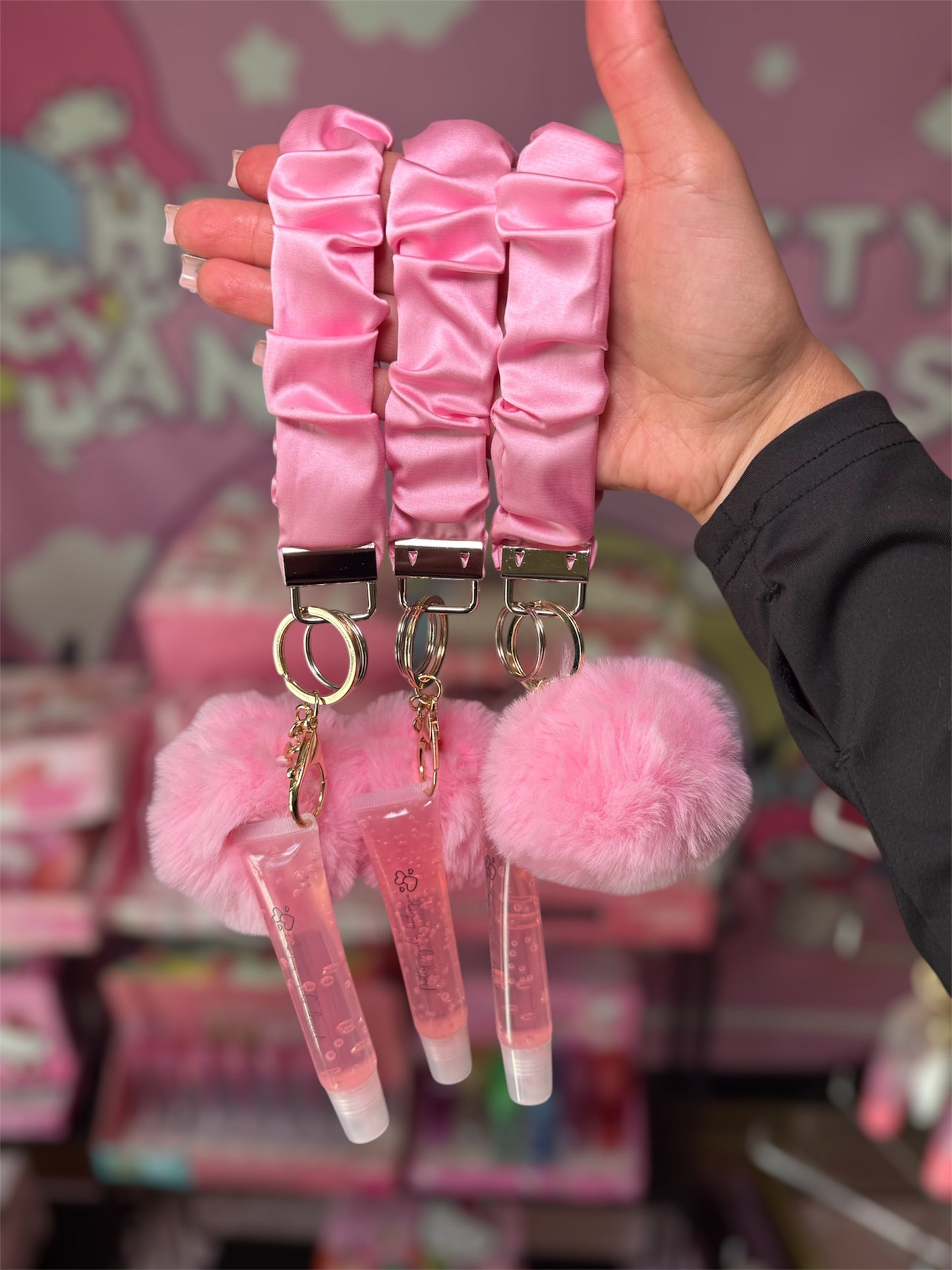 Lip gloss key chain wristlet with Pom 💗