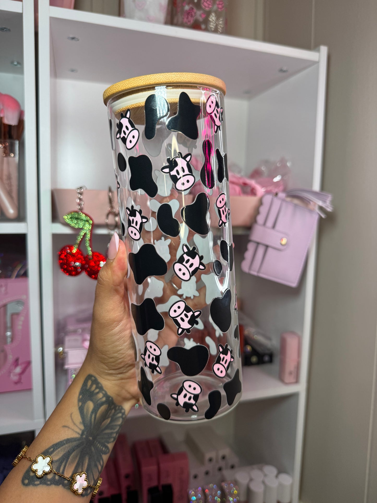 Cow 25oz glass cup 💗