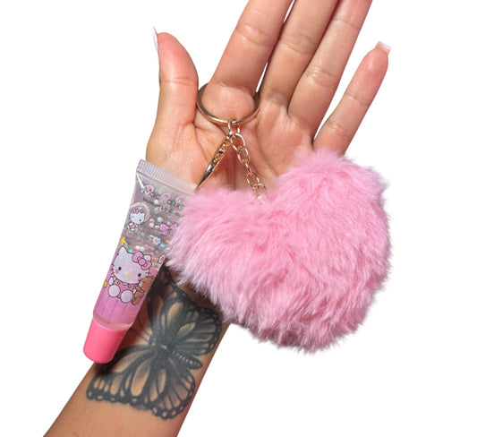 Fuzzy heart pom gloss keychain 💗
